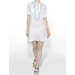 Nili Lotan Sz Small S White Blue Morrocan Embroidered Tunic Shirt Dress